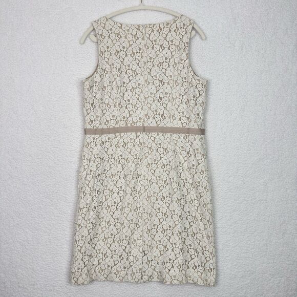 Ann Taylor Size 14P Sleeveless Lace Mid Dress Beige Ivory Lined Overlay Elegant - Picture 8 of 14